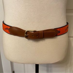 PRESTON BELT ORANGE BLUE BONE FISH BROWN LEATHER GOLD BUCKLE SIZE 36 USA